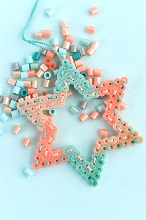 Stitched Perler Bead Ornaments | Handmade Charlotte Star Perler Bead Patterns, Star Perler, Perler Bead Ornaments, Hama Beads Christmas, Bead Ornaments, Easy Perler Beads Ideas, Handmade Charlotte, Hama Beads Design, Beaded Snowflakes