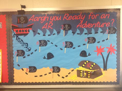 Pirate themed AR bulletin board! Each reader gets a pirate to move through the different levels on the treasure map! Pirate Theme Bulletin Board, Pirate Themed Bulletin Board Ideas, Pirates Of The Caribbean Classroom Theme, Pirate School Theme, Treasure Map Bulletin Board, Pirate Bulletin Board Ideas, Ar Bulletin Boards, Pirate Bulletin Boards, Pirate Theme Classroom