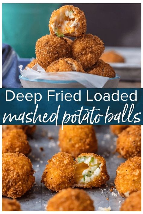 FRIED MASHED POTATO BALLS loaded with bacon, cheese, and onions are perfect for Thanksgiving leftovers! Put those leftover potatoes to good use and fry up some cheesy mashed potato bites. These loaded mashed potato balls make the ultimate appetizer or side dish! Fried Loaded Potato Balls, Fried Potato Balls With Cheese, Stuffed Potatoes Balls, Leftover Mashed Potato And Stuffing Recipes, Thanksgiving Leftover Balls, Stuffed Potato Balls Recipes, What To Make With Leftover Mashed Potatoes, Mashed Potatoes Balls, Mashed Potato Cheese Balls