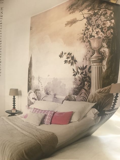 Wallpaper mural behind bed? Bed Back Wallpaper, Mural Behind Bed, Wallpaper Behind Bed, First Apartment, Wallpaper Mural, Mural Wallpaper, Mural, Tapestry, Apartment