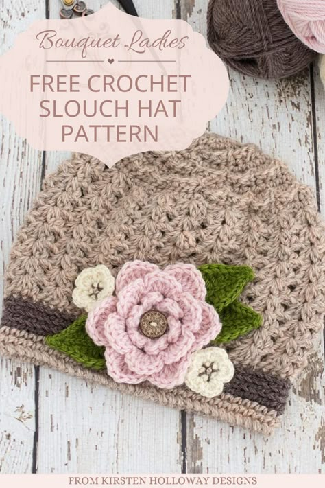 An easy crochet pattern makes this beautiful slouch hat with flower appliques. The beanie pattern comes in sizes for the whole family, although is free in child size only. Crochet Hat Flowers Free Pattern, Kirsten Holloway Designs, Crochet Hat With Flower, Crochet Flowers For Hats, Crochet Hats With Flowers, Crochet Kids Hats Free Patterns, Crochet Adult Hats Free Pattern, Kids Crochet Hats Free Pattern, Crochet Flowers Free Pattern Easy