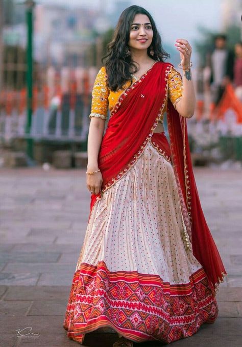 Patola Border, Patola Lehenga, Half Saree Function, Crop Top Lehenga, Lehenga Saree Design, Simple Lehenga, Half Saree Lehenga, Half Sarees, Indian Bride Outfits