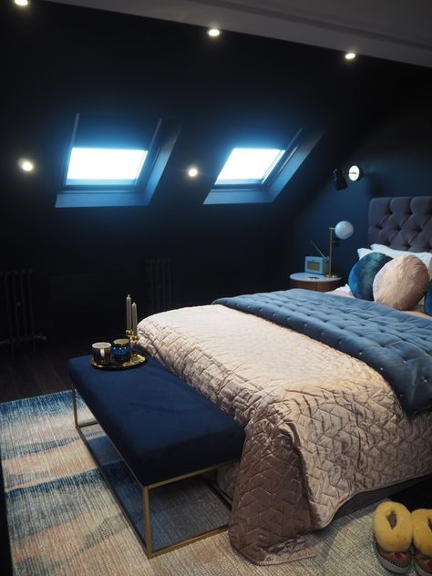 Grown Up Bedroom, Navy Bedrooms, Attic Bedroom Designs, Mid Century Bedroom, Dark Bedroom, Bedroom Updates, Sunset Lake, Attic Bedrooms, Loft Room