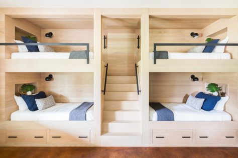 Read More: https://www.stylemepretty.com/vault/image/6932689 Lake House Bunk Rooms, Oak Bunk Beds, Bunk Room Ideas, Bunk Bed Room, Bunk Bed Rooms, Custom Bunk Beds, House Bunk Bed, Bunk Beds Built In, Bunk Beds With Drawers