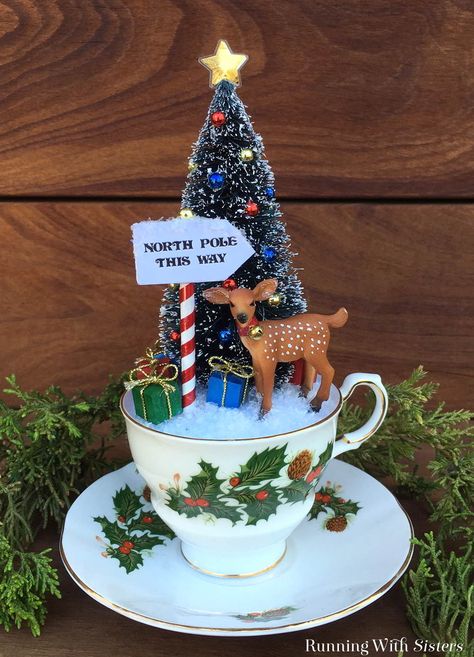 Make Teacup Christmas Scene with a bottlebrush tree and little reindeer. We'll show you how to make the North Pole sign and put it all together. Teacup Christmas, Teacup Crafts, Vintage Christmas Crafts, Centerpiece Christmas, For Christmas, Christmas Tea, Christmas Scenes, Christmas Scene, Noel Christmas