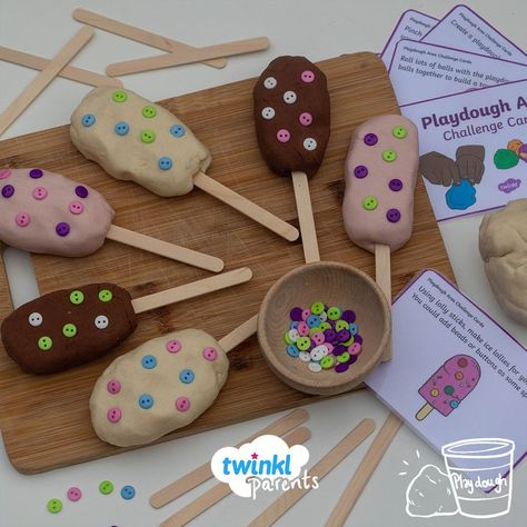 For a fun summer time activity, why not use your playdough to create some lollies? Mould your playdough into a lolly-shape and put on a stick. Use buttons or other loose parts to decorate. #playdoughfun #finemotorskills #finemotoractivity #preschoolactivities #eyfsactivities #creativeplay Playdough Area, Play Doh Activities, Summer Holiday Activities, Continuous Provision, Time Activity, Art Activities For Toddlers, Eyfs Activities, Playdough Activities, Seasons Activities