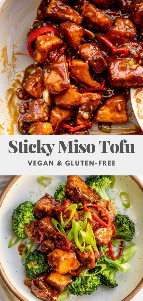 Sweet, savory sticky miso tofu. A budget-friendly, high-protein, umami-rich dish that is easy to put together for a weeknight meal. Tofu Quinoa Bowl, Tofu Quinoa, Miso Tofu, Tofu Pasta, Quinoa Bowl, Vegetarian Pasta, Vegan Soups, Bean Curd, Tofu Recipes