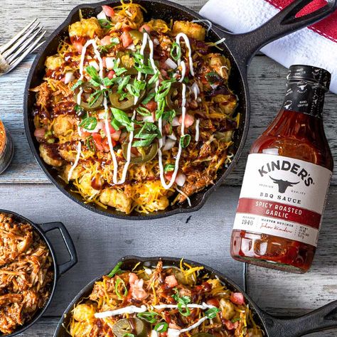 Loaded Totchos - Kinders Loaded Totchos, Garlic Bbq Sauce, Cheesy Sausage Dip, Totchos Recipe, Frozen Tater Tots, Catering Recipes, Shredded Cheddar Cheese, Tater Tots, Catering Food