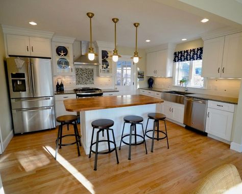 Nautical Cape Cod Beach House Kitchen in Maine AFTER Remodel | hookedonhouses.net Cape Cod Living Room, Cape Cod Renovation, Cape Cod Kitchen, Small White Kitchens, Open Kitchen And Living Room, Kitchen Layout Plans, Cottage Floor Plans, Beach House Kitchens, Kitchen Design Open