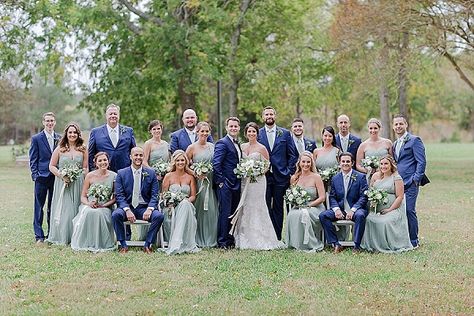 Classic wedding party at Inn at Warner Hall in Gloucester Virginia Sage Green Bridesmaid Blue Groomsmen, Beige Groomsmen Suits With Sage Green, Sage Navy Gold Wedding, Sage Green And Navy Wedding Party, Sage Green And Navy Wedding Theme, Eucalyptus Green Wedding Party, Eucalyptus Wedding Groomsmen, Navy Sage And Gold Wedding, Navy Blue Sage Green And Gold Wedding