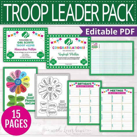 Girl Scout Troop Leader Printable Pack With Editable Bridging | Etsy Girl Scout Daisy Petals, Daisy Activities, Girl Scout Daisy Activities, Girl Scout Promise, Girl Scout Law, Girl Scout Bridging, Scout Projects, Girl Scout Troop Leader, Scout Swaps