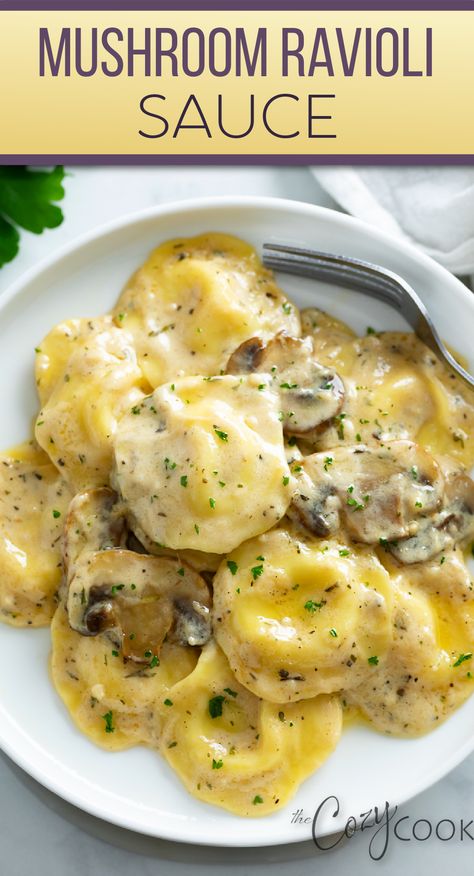 ravioli with a mushroom sauce Maggianos Mushroom Ravioli Recipe, Mushroom Ricotta Ravioli, Chicken Mushroom Ravioli, Easy Ravioli Sauce Simple, Homemade Stuffed Ravioli, Sauce For Beef Ravioli, Spinach Ravioli Sauce, White Wine Sauce Pasta, Tortellini Sauce Recipes