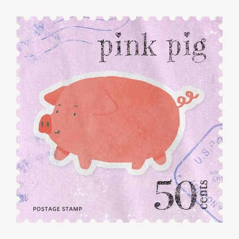 Pink pig postage stamp, animal collage element psd | free image by rawpixel.com / Boom Pink Stamp Aesthetic, Stamp Aesthetic, Animal Collage, Cute Pig, This Little Piggy, Mood And Tone, Cute Pigs, 50 Cent, Graphic Design Poster