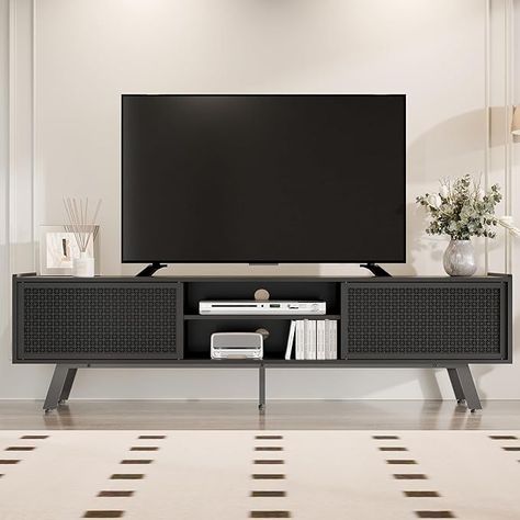 Amazon.com: Buytime Black TV Stand for 65 70 Inch TV, Modern Iron Rattan TV Console with Sliding Door, Entertainment Center with Storage and Adjustable Shelves, Media Console for Living Room and Bedroom : Home & Kitchen Rattan Tv Console, Black Tv Console, Console For Living Room, 70 Inch Tv, Entertainment Center With Storage, Black Tv Stand, Tv Console Table, Black Tv, Tv Console