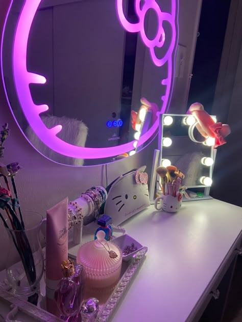 Cute Vanity Mirror, Hello Kitty Vanity, Vanity Mirror With Led Lights, Bedroom Led Lights, Neon Mirror, Cute Vanity, Hello Kitty Mirror, Baddie Room, Hello Kitty Room Decor