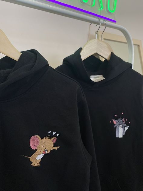 To order the couple set - go to Etsy and send me screenshot of the items you want! Order the matching embroidered Tom and Jerry hoodied sweaters/sweatshirts/tshirts set as a gift for boyfriend/girlfriend. #embroideredhoodie #embroideredsweatshirt #embroideredtshirt #couplesweaters #couplehoodies #couplesweatshirts #coupletshirts #coupleclothing #matchinghoodies #tomandjerry #catandmouse #coupleitems #ideaforgift #couplegift #christmasgift #looneytunes #tomevil #jerryangel A Gift For Boyfriend, Tom Cartoon, Korean Fashion Aesthetic, Matching Hoodies For Couples, Cartoon Hoodie, Tom Y Jerry, Hoodie Cartoon, Couples Sweaters, Matching Hoodies