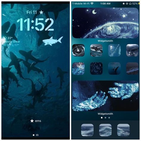 Shark Themed Iphone, Shark Home Screen Layout, Shark Themed Phone Layout, Shark Themed Phone, Shark Homescreen Layout, Shark Icons For Apps, Shark Phone Theme, Home Screen Ideas Blue, Shark Homescreen