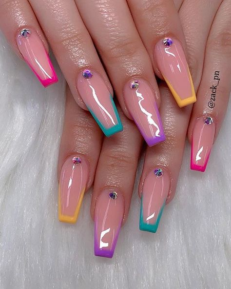 Look cute with summer color 😉🤗#nailpro #nailpolish #naildesigns #nails #coffinnails #swarovski #nailsofinstagram #nailart #nailtech… Multi Color Nail Ideas, Blinged Nails, Rainbow Nail Ideas, California Nails, Little Cat, Summer Acrylic Nails, Rainbow Nails, Rainbow Glitter, Glitter Nail