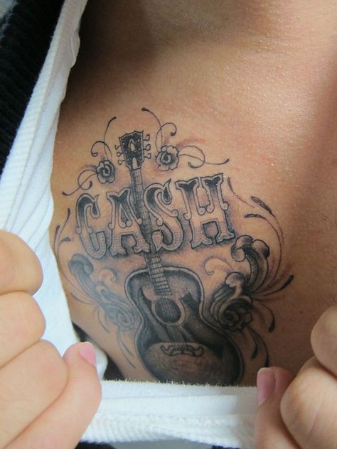 Cash Tattoos, Cash Tattoo, Johnny Cash Tattoo, Tennessee Tattoo, Cash Cash, Style Types, Western Tattoos, Guitar Tattoo, Stomach Tattoos