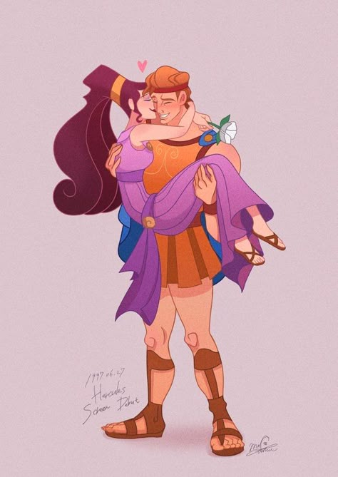 Cartoon Characters In Love Aesthetic, Meg And Hercules, Hercules And Meg, Megara Disney, Meg Hercules, Hercules Disney, Disney Romance, Disney Character Art, Animation Disney