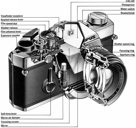 Camera Diagram Camera Diagram, Fotocamere Vintage, Photography Things, Camera Drawing, Exploded View, Camera Art, Analog Photography, 35mm Photography, Kids Camera