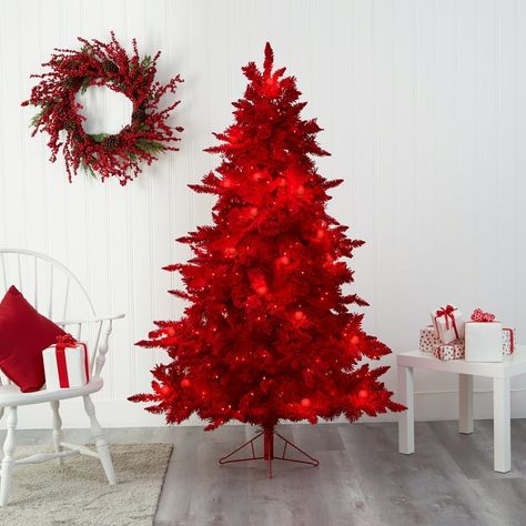 Nearly Natural 6' Red Flocked Fraser Fir Artificial Christmas Tree with 350 Red Lights, 33 Globe Bulbs - Walmart.com Tall Christmas Trees, Fake Christmas Trees, Frosted Christmas Tree, Fraser Fir, Red Lights, Red Candy, Nearly Natural, Artificial Christmas Tree, Holiday Decorating