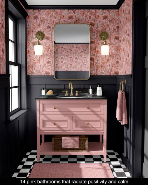 Think pink and transform your bathroom with blushing shades that range from dusky rose to vivid fuchsia Dusky Pink Furniture, Pink And Charcoal Bathroom, Dusky Pink Bathroom, Black And Pink Bathroom Ideas, Makeup Studio Ideas, Charcoal Bathroom, Pink Bathrooms, Pink And Black Bathroom, Ladies Bathroom