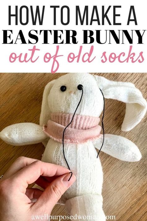 pin of how to make a easter bunny out of an old sock Rabbit Sock Puppet, Sock Bunny Diy How To Make, Sock Bunny Diy, Glove Animals, Sock Animals Diy, Sock Creatures, Diy Sock Toys, Sock Bunny, Easter Crafts For Adults