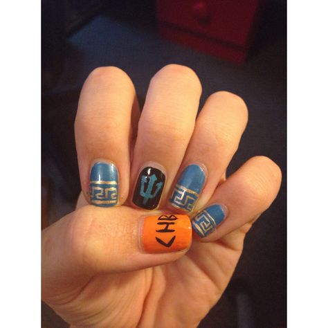 Percy Jackson nails Mythology Nail Art, Pjo Inspired Nails, Percy Jackson Nails Ideas, Fandom Nail Art, Percy Jackson Inspired Nails, Percy Jackson Nail Art, Percy Jackson Crafts Diy, Percy Jackson Nails Designs, Percy Jackson Nails