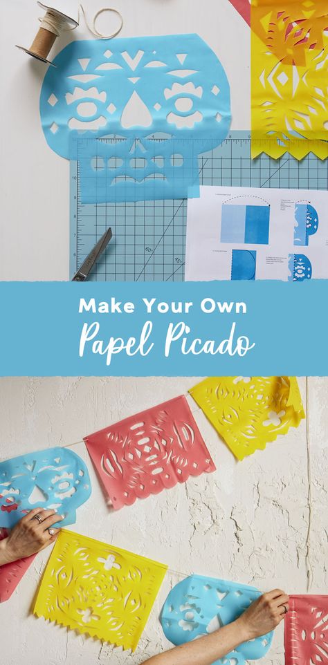 Papel picado are colorful, festive cut paper banners you see on Day of the Dead altars and at Mexican celebrations. Make them at home with these easy steps. Paper Picado Template, Papel Picado Diy, Mexican Papel Picado, Mexican Celebrations, Homecoming Games, Art Assignments, How To Make Banners, Plastic Table Covers, Día De Muertos