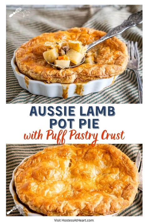 Lamb Pot Pie with Puff Pastry Crust combines a rich and creamy lamb filling with a buttery crust. This recipe is simply delicious and easy to make. #sponsored #simplyspring, #beaussome #aussielamb @aussiebeefandlamb #lambrecipe #easylambrecipe #easterrecipe Lamb Pot Pie Recipe, Lamb Pot Pie, Pot Pie With Puff Pastry, Easy Lamb Recipes, Pie With Puff Pastry, Lamb Pie, Lamb Casserole, Lamb Stew Recipes, Puff Pastry Crust