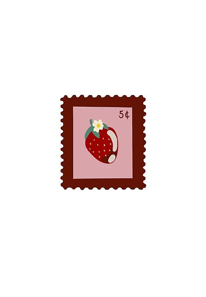 Strawberry Postage Stamp Design by alexisrae444 | Redbubble Strawberry Postage Stamp, Post Stamp Drawing, Cute Stamps Design, Stamps Aesthetic, Strawberry Scrapbook, Strawberry Stamp, Ios Organization, Stamp Drawing, Postage Stamp Design