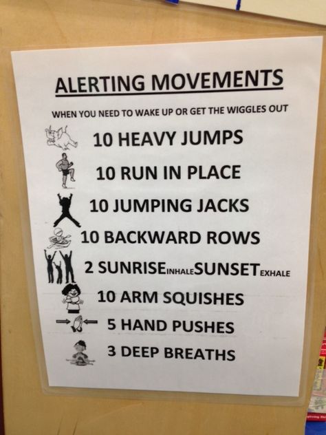 Alerting movements chart - D. Palatulan, PS 68 The Alert Program, Alert Program Activities, Alert Program, Sensory Pathways, Occupational Therapy Kids, Teacher Info, Sensory Diet, Pediatric Occupational Therapy, Sensory Rooms