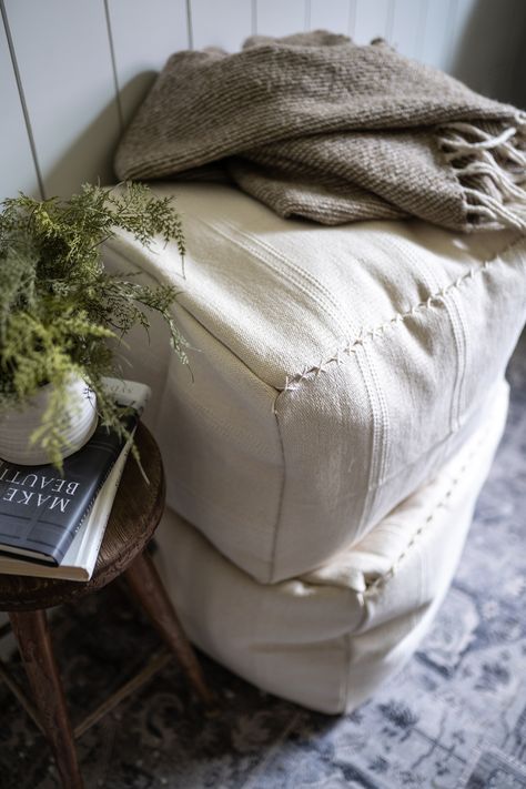 A pouf/ottoman for under $12, DONE! One of my favorite hacks for the IKEA Sortso rug! A great way to bring that warm and cozy vibe into any space! Diy Rug Ottoman, Poof Ottoman, Ikea Tiphede Rug Hack, Diy Pouffe How To Make, Ottoman Pouf, Diy Poofs Ottoman, Puf Ikea, Diy Floor Pouf, Pouf Diy