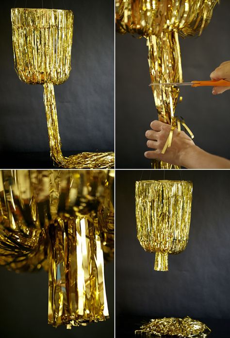 Learn how to make the Gold fringe chandelier! @Sugar & Fluff Design House @100LayerCake Fringe Chandelier, Chandelier Decorations, Party Design Ideas, Speakeasy Party, Hollywood Party Theme, Glamour Party, Red Carpet Party, Roaring 20s Party, Gatsby Theme