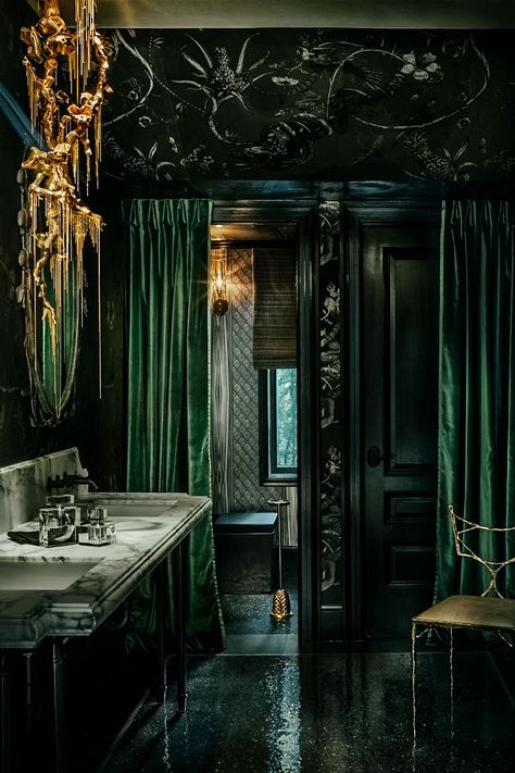 Slytherin Bedroom, Hogwarts Dorm, Slytherin Room, Slytherin Common Room, Dark Bathroom, Dark Bathrooms, Dark Home Decor, Dark Green Aesthetic, Slytherin House