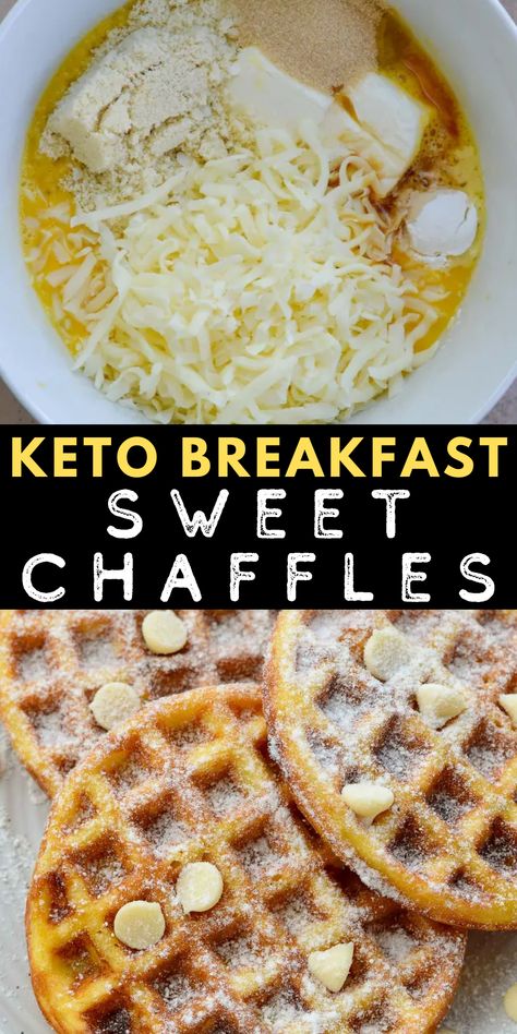 These Sweet Chaffles are perfect for a low-carb breakfast, snack, or dessert! Cheesy waffles are soft, fluffy, and packed with sugar-free white chocolate chips for a treat around 1 net carb each. Breakfast Chaffles Recipe Keto Easy, Chaffels Low Carb, Chaffle Breakfast Sandwiches, Banana Bread Chaffles, Low Carb Breakfast Ideas No Eggs, Blueberry Chaffles Keto, Bariatric Soft Diet Recipes, Sweet Chaffles Recipe Keto Easy, Keto Chaffles Low Carb Breakfast