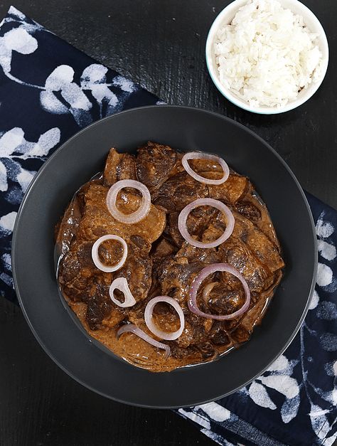 Creamy Pork Steak  ( Creamy Bistek Tagalog) Pork Steak Recipe, Pork Steaks, Chicken Sauce Recipes, Soy Sauce Chicken, Peach Kitchen, Ground Beef Pasta, Beef Pasta, Pork Steak, Dinner With Ground Beef