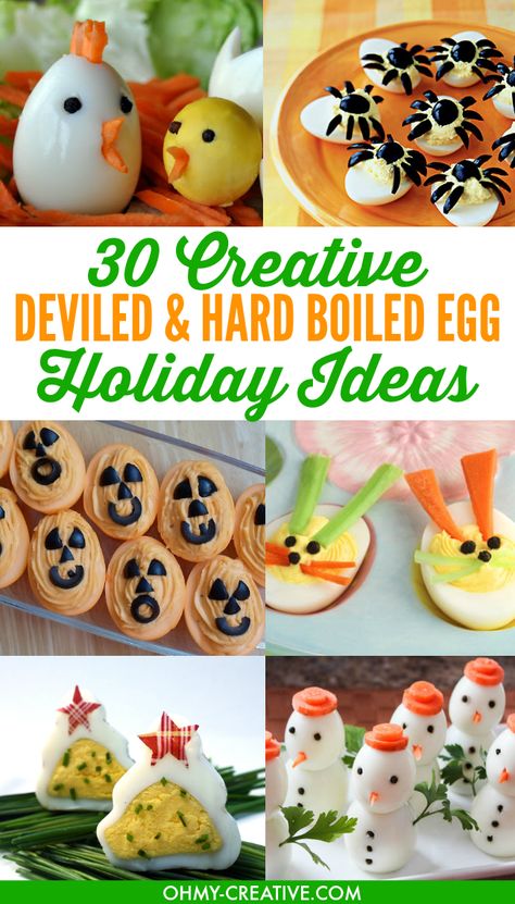 30 Creative Deviled Egg & Hard Boiled Egg Holiday Ideas for parties and celebrations including baby showers - fun for kids too!  |  OHMY-CREATIVE.COM Holiday Ideas For Kids, Halloween Deviled Eggs, Thanksgiving Deviled Eggs, Spicy Deviled Eggs, Easter Deviled Eggs, Ideas For Parties, Egg Snacks, Devilled Eggs, Avocado Deviled Eggs