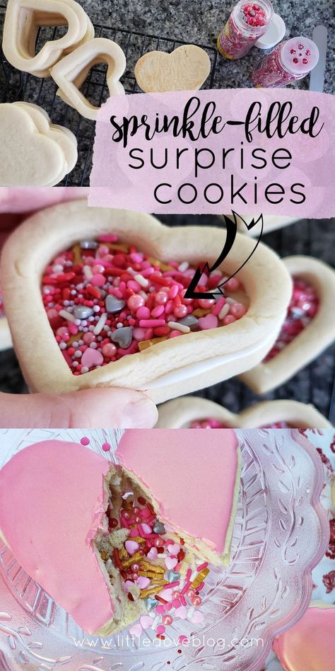 These fun sprinkle-filled cookies are a sweet surprise for Valentine's Day. Pinata cookies for Valentine's Day. #pinatacookies #valentinesday #cookierecipes Sprinkle Filled Cookies, Sprinkle Filled Sugar Cookies, Piñata Cookies, Surprise Cookies, Pinata Cookies, Treat Maker, Surprise Cookie, Confetti Cookies, Farm Cookies