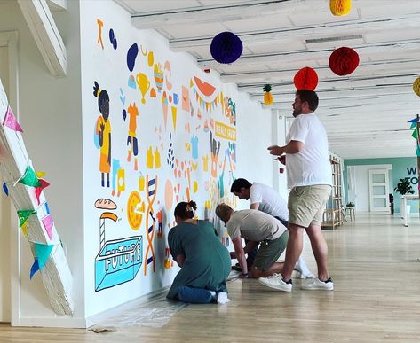 Mural painting for teams — Zsofi Lang Illustration Community Mural, Collaborative Mural, Team Building Activity, Mural Inspiration, Hr Manager, Office Mural, Co Creation, Old Office, Chocolate Making