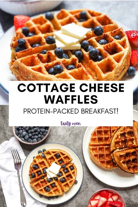 cottage cheese belgian waffles on plates served with fruit and butter Cottage Cheese Waffle Recipe, Cottage Cheese Oats, Cottage Cheese Waffles, Waffles Healthy, Cottage Cheese Protein, Cottage Cheese Recipes Healthy, Healthy Breakfast Idea, Baking Spices, Waffle Iron Recipes