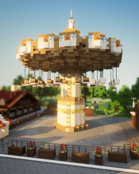 Amusement Park In Minecraft, Marketplace Minecraft Ideas, Minecraft Carnival Rides, Amusment Parks Minecraft, Park Minecraft Ideas, Minecraft Water Park, Minecraft City Center, Market Place Minecraft, Minecraft Ferris Wheel