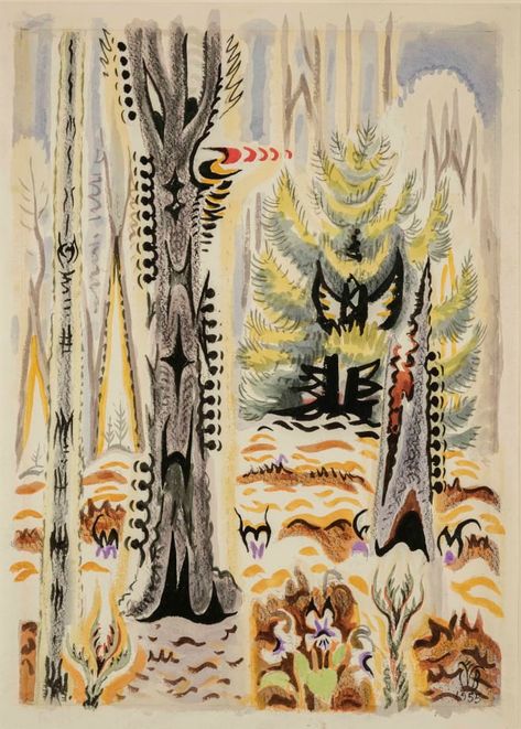 Charles Burchfield | The Red Woodpecker, 1955 Paper Artwork, Paintings I Love, Art Basel, Illustrations And Posters, Tree Painting, Art Fair, American Artists, Art Day, Painting & Drawing