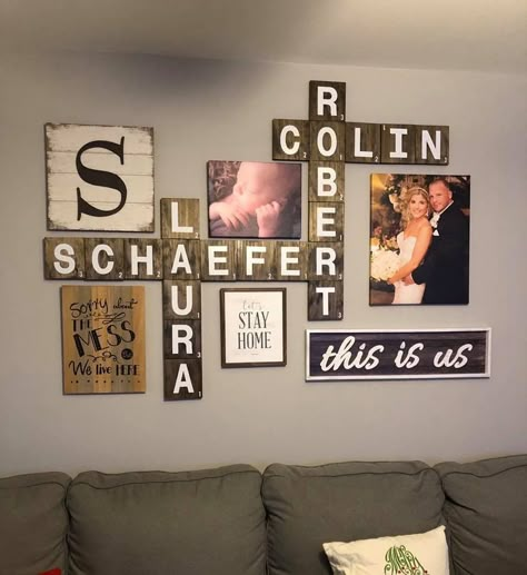 Living Room - Wall behind couch Scrabble Wall Decor, Photowall Ideas, Scrabble Wall Art, Scrabble Wall, Family Wall Decor, Tile Wall Art, Family Wall, Hallway Decorating, Room Wall Decor