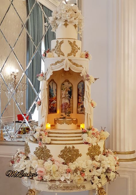 Wedding Cake Ideas Fairytale, Beauty And The Beast Wedding Cake, Huge Wedding Cakes, Golden Wedding Cake, Beauty And The Beast Wedding Theme, Beauty And Beast Birthday, Quince Cake, Sweet 15 Party Ideas Quinceanera, Surprise Birthday Decorations