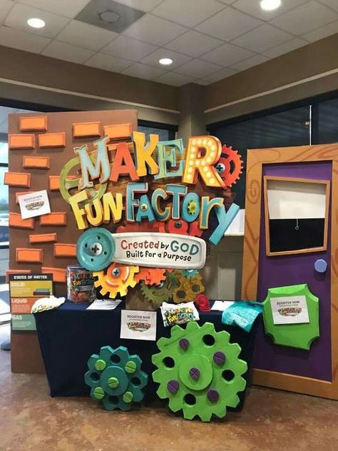 Maker Fun Factory Vbs 2017, Maker Fun Factory Vbs, Kids Church Decor, Maker Fun Factory, Children's Church Crafts, Robot Party, Vbs Themes, Fun Factory, Holiday Club