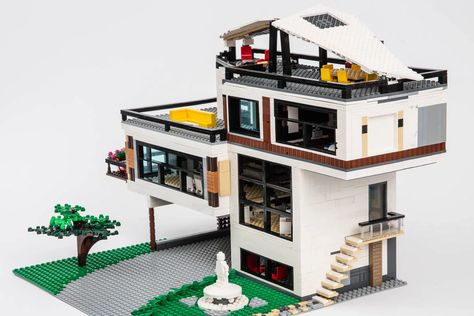 Modern Lego House Ideas, Lego Mansion Ideas, Modern Lego House, Lego Modern House, Lego House Instructions, Lego Birdhouse, Lego Home, Lego Architecture Building, Lego Mansion