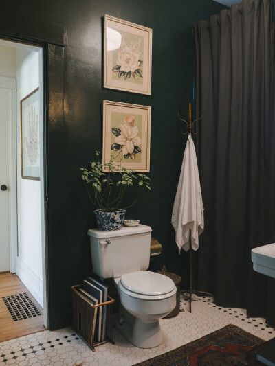 bathroom wall color Urban Orchard, Black Powder Room, Dark Green Bathrooms, Dark Bathroom, Dark Bathrooms, Toilet Room, Casa Vintage, Green Bathroom, Vintage Bathroom