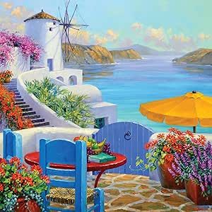 Buffalo Games - Mikki Senkarik - Seaside Happiness - 300 Piece Jigsaw Puzzle for Adults 14 and up Challenging Puzzle Perfect for Game Nights - Finished Puzzle Size is 21.25 x 15.00 Mikki Senkarik, Larger Piece Jigsaw Puzzles, Greece Painting, 300 Pieces Jigsaw Puzzle, Buffalo Games, Puzzle For Adults, Landscape Art Painting, House On The Rock, Tile Murals